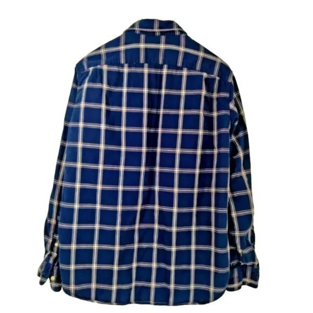 J. Crew Men L Button Blue/White Plaid Long Sleeves Flannel Work Chore Barn Shirt